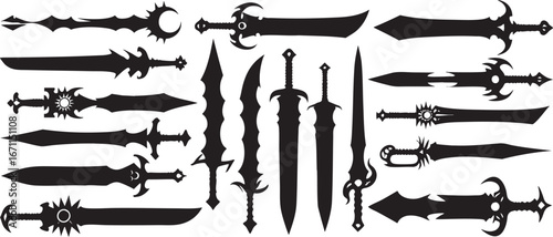 Powerful fantasy sword silhouettes for game design or epic battle illustrations, perfect for heroic adventure projects