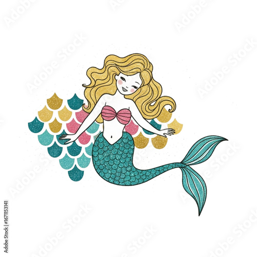 illustration of cute mermaid in scale sparkling background