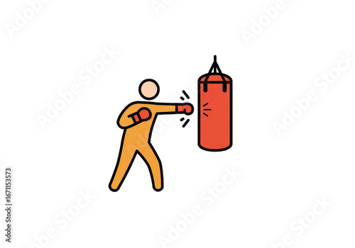 Cartoon boxer delivering punch to red boxing bag in training action, sports character illustration, fighting exercise, and fitness theme isolated on white background