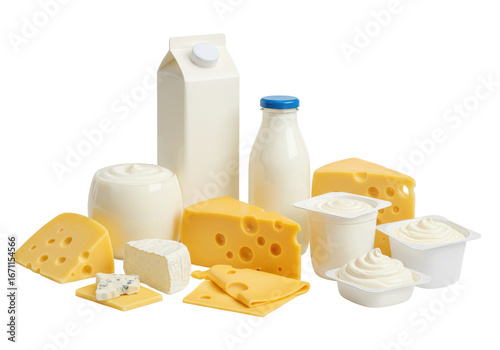 Assorted dairy products including milk, cheese, butter, and yogurt displayed in detailed realistic composition, healthy nutrition concept isolated on white background