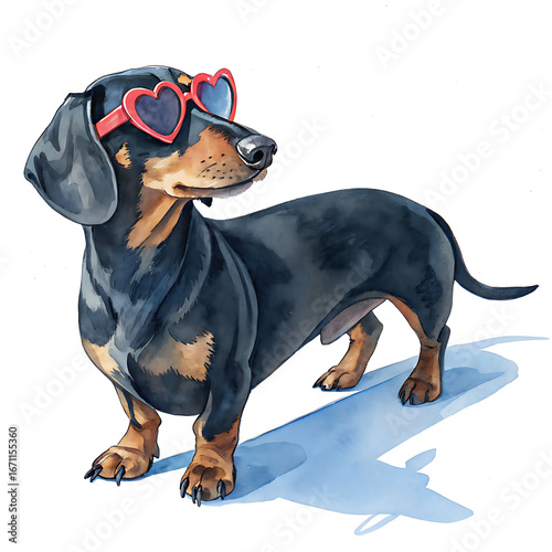 Playful Black and Tan Dachshund in Heart-Shaped Sunglasses, Whimsical Art Illustration, Fun and Colorful Vibe