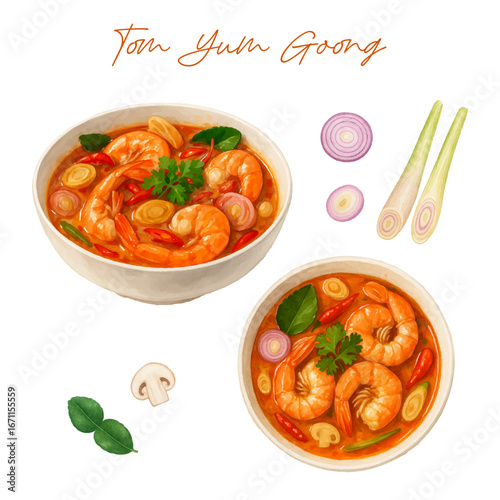 Tom Yum Goong Watercolor Illustration Style