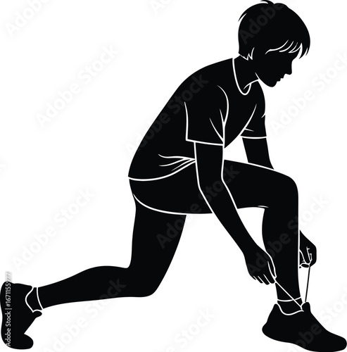 Silhouette of a woman tying her shoelaces before running