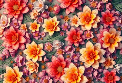 Intricate, continuous blooming floral design with vibrant hues and soft shading,  texture,  artwork