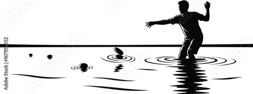 Silhouette of a person skipping stones across water, creating ripples