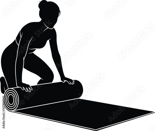 Silhouette of a woman rolling out a yoga mat, symbolizing fitness, health, wellness, and a balanced lifestyle