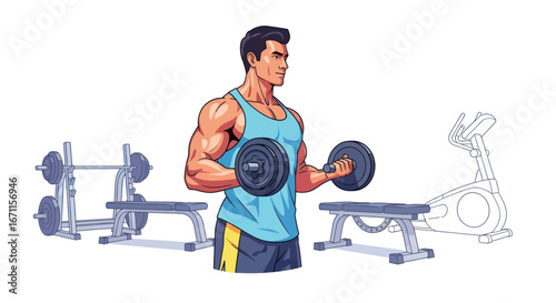 Cartoon illustration depicting a muscular man working out lifting dumbbells in a gym environment