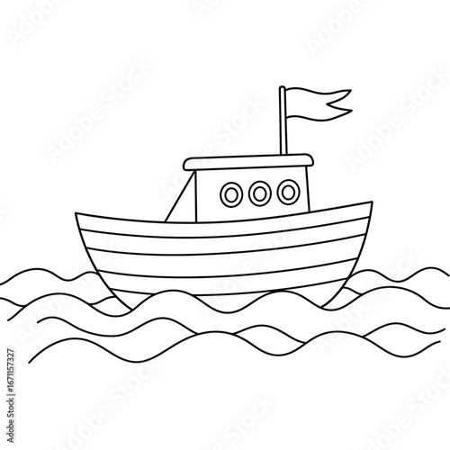 Cartoon Boat on Water with Flag, Black and White Outline Illustration