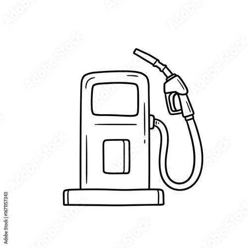 Hand-drawn illustration of a gas pump with nozzle, simple black line art style, fuel dispenser.