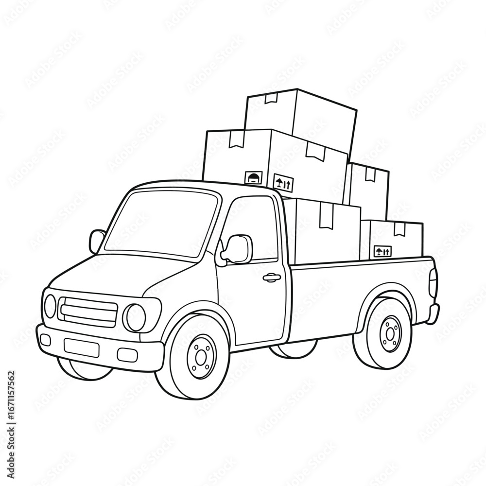 Obraz premium Line Art Illustration of a Pickup Truck Loaded with Cardboard Boxes