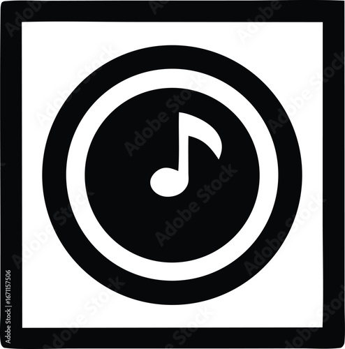 Simple black and white music note icon inside concentric circles and square border stylized graphic for audio media and entertainment