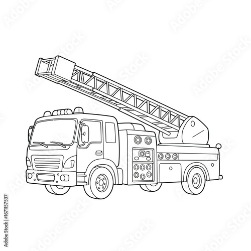 Detailed Black and White Fire Truck with Ladder