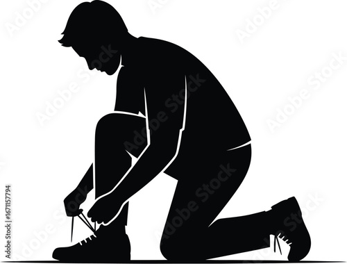 Silhouette of a man kneeling and tying his shoelaces, representing preparation, focus, and attention to detail