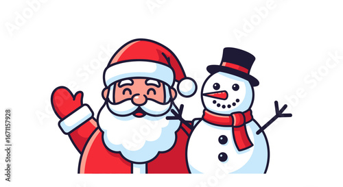 Festive holiday joy cartoon depiction of santa claus and jolly snowman greeting happiness