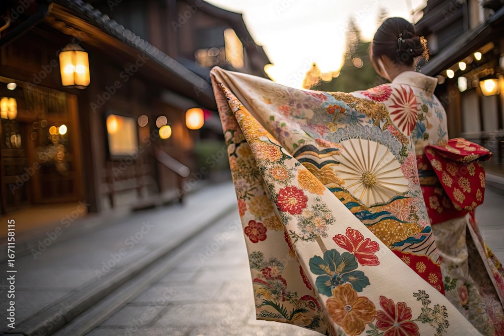 Naklejka premium Woman in traditional kimono walking through historic streets