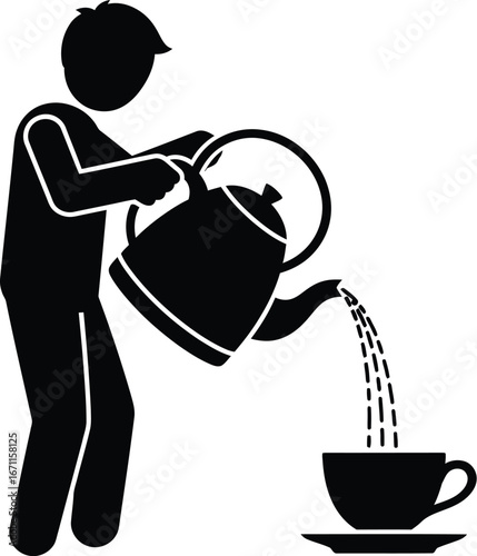 Silhouette of a person pouring tea from kettle into cup, enjoying a hot beverage in a relaxing moment