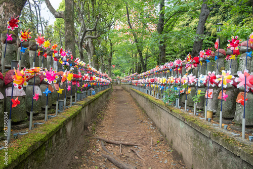 Photography Colorful pinwheels lining pathway in peaceful outdoor garden setting at Tokyo, J