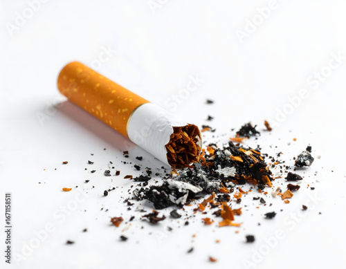 Ashtray Remnants: A visual reminder of the dangers of smoking, a close-up shot showcases a discarded cigarette, its burnt remains and ash, and an end to the habit