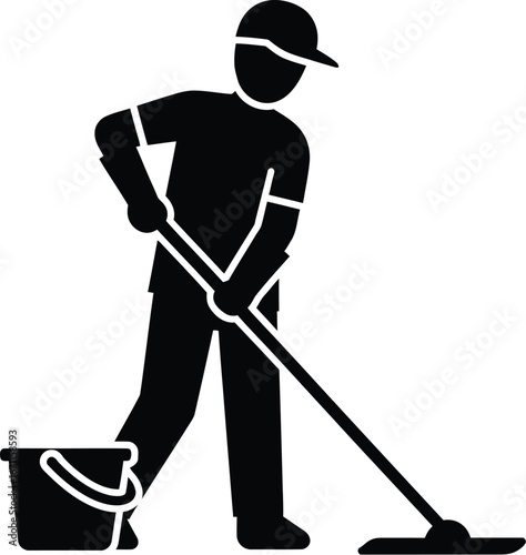 Janitor cleaning floor with mop and bucket, representing hygiene, maintenance, and professional service