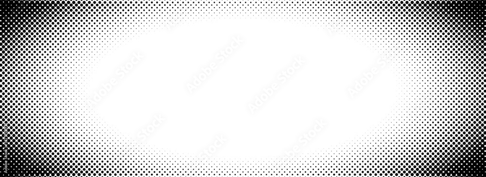 Black radial halftone vignette effect background. Round fading dotted gradient wallpaper. Pop art comic frame backdrop for photo template, poster template, banner. Vector vanishing border cadre