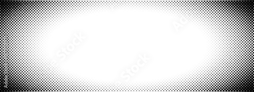 Black radial halftone vignette effect background. Round fading dotted gradient wallpaper. Pop art comic frame backdrop for photo template, poster template, banner. Vector vanishing border cadre