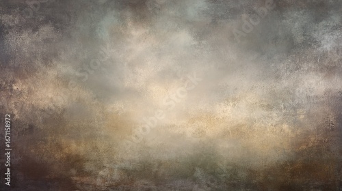 Muted earthy-toned canvas with subtle gold & silver hints—aged appearance, soft gradient from dark grey to light brown (mist/fog effect); ideal moody atmospheric portrait backdrop, gentle grunge