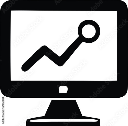 Computer monitor displaying upward trend graph icon for business growth analytics and financial data visualization