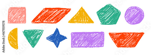 Colorful crayon scribbled shape set. Hand drawn charcoal geometric doodle collection. Color textured form pack for sticker, patch, badge. Vector childish sketched rectangle, triangle, circle elements