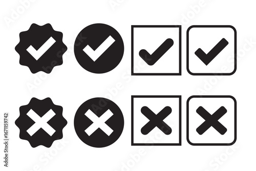 Black Check tick mark icon set. Cross box x check mark checkbox v list vector draw hand drawn sketch doodle brush marker checklist symbol wrong right circle. Hand drawn check tick mark icon set.EPS 10