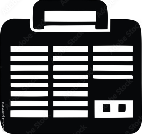 Iconic black and white graphic of a portable radio or speaker represents vintage audio technology and retro entertainment vibes