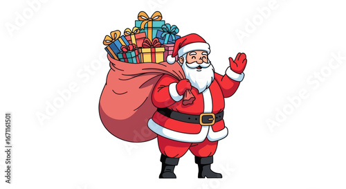 Cartoon Santa Claus with a sack full of colorful gifts, waving and spreading christmas cheer