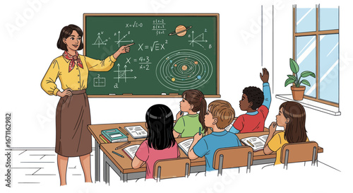 Engaging mathematics class scene with diverse students and dedicated educator conveying knowledge