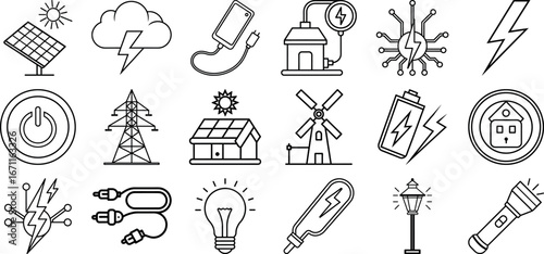 Electric System isolated icon set. Set of home electrification, electrical wire, and cable, lightbulb, led lamp, electricity meter, junction box