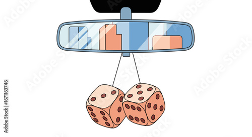 A pair of fuzzy dice hanging from a car's rearview mirror reflecting a cityscape