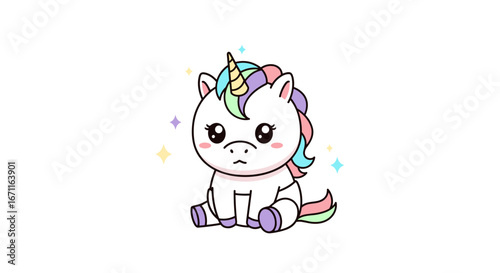 Adorable little unicorn with colorful mane and horn sitting sadly surrounded by magical sparkles in this charming illustration