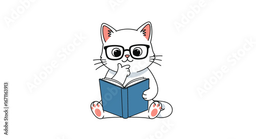 An adorable white kitten wearing glasses enjoys reading a book with intense focus and contemplation