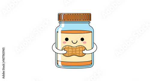 Cute kawaii peanut butter jar holding a peanut smiling adorably