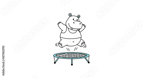 Amusing hippopotamus enthusiastically jumping on a trampoline with great joy and energetic fun during an outdoor exercise session