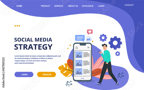 Digital marketing flat landing page. Social media marketing, promotion and advertising corporate website design. Web banner layout with header, middle content, footer. Vector illustration with people.