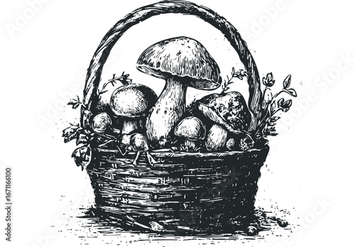 Woven basket filled with assorted mushrooms and foliage. Vector hand drawn illustration