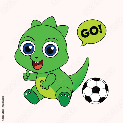 cute baby dinosaur cartoon character with soccer ball and go message