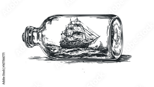 Antique sailing ship enclosed within a glass bottle on turbulent seas. Vector hand drawn illustration
