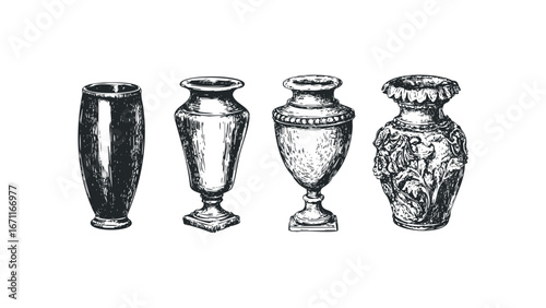 Collection of Four Decorative Vases Hand Drawn Sketch. Vector hand drawn illustration