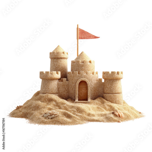 Sandcastle with flag isoleted on transparent background.