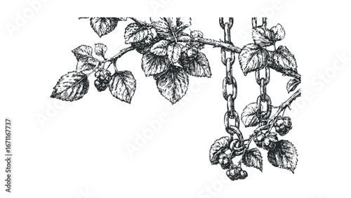 Detailed ink sketch of hop cones and leaves intertwined with metal chains. Vector hand drawn illustration
