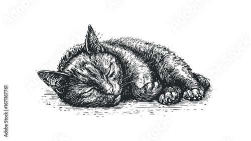 Hand drawn sketch of a small sleeping cat curled, cut out transparent
