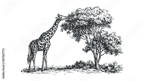 Giraffe reaching for leaves on a tree sketch. Vector hand drawn illustration