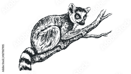Ring tailed lemur perched on a tree branch sketched in black and white. Vector hand drawn illustration