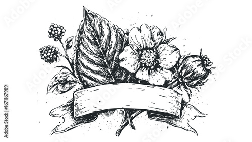 Sketch of floral arrangement with berries and a blank ribbon banner. Vector hand drawn illustration
