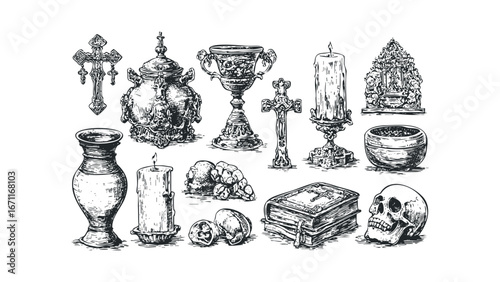 Collection of antique and gothic decorative objects in a still life arrangement. Vector hand drawn illustration